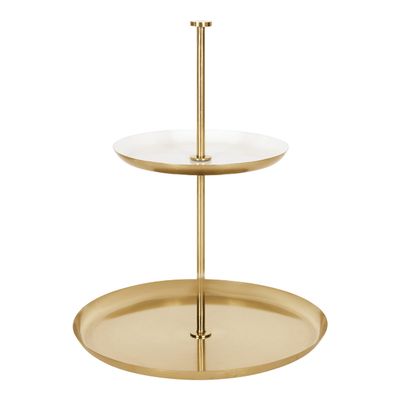 Kate and Laurel Laranya Modern Two Tier Tray; 12 x 12 x 15; White and Gold; Decorative Round Multi Tiered Tray for Display and Storage