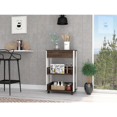FM FURNITURE Dundee Kitchen Cart with 1 Drawer, 4 Casters, and 2 Open Shelves, White/Dark Walnut