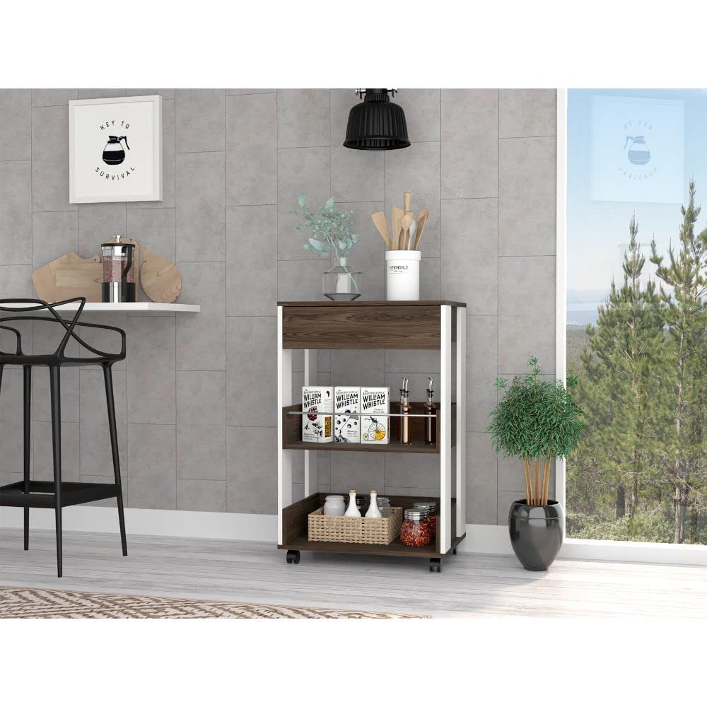 FM FURNITURE Dundee Kitchen Cart with 1 Drawer, 4 Casters, and 2 Open Shelves, White/Dark Walnut