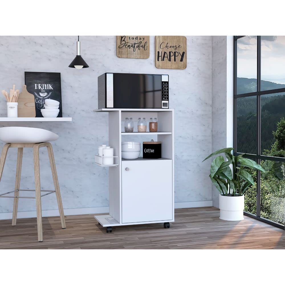 FM FURNITURE Columba Kitchen Cart with Single Door Cabinet, 2 Open Shelves, and 4 Caster Wheels, White