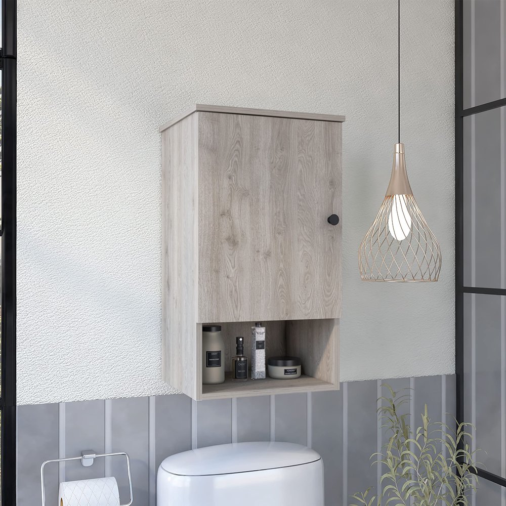 FM FURNITURE Alaska Medicine Cabinet with 3 Storage Shelves, Single Door Cabinet, Open Shelf, Light Gray