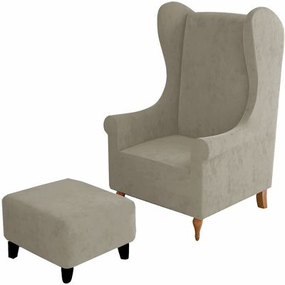 2 Pieces Wing Chair Slipcover & Ottoman Cover, Velvet Stretch Armchair Wingback Chair Cover Rectangle Footstool Slipcovers (Color : Khaki, Size : Wing Chair+Ottoman L)