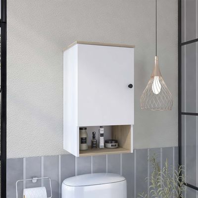 FM FURNITURE Alaska Medicine Cabinet with 3 Storage Shelves, Single Door Cabinet, Open Shelf, Light Oak/White