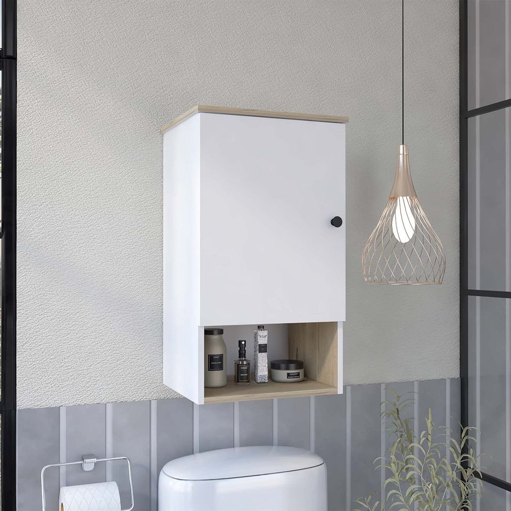 FM FURNITURE Alaska Medicine Cabinet with 3 Storage Shelves, Single Door Cabinet, Open Shelf, Light Oak/White