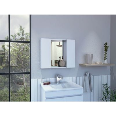 FM FURNITURE Draco Medicine Cabinet with Mirror, Double Door, and 1 External Shelf, White