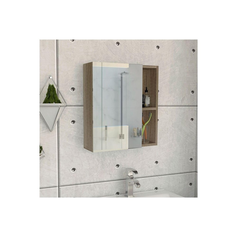 FM FURNITURE Lincoln Mirrored Medicine Cabinet with 3 Inner Shelves and 2 Open Shelves, Light Oak