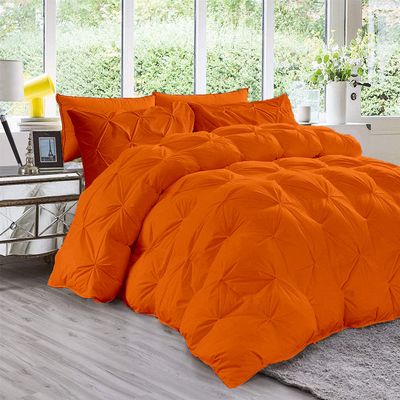 All Season 3PC Down Comforter Sets, 100% Organic Cotton 800TC 600GSM. Pinch Pleated, Breathable, Soft, Fluffy, Light Weight, Machine Washable, Full Size, Orange