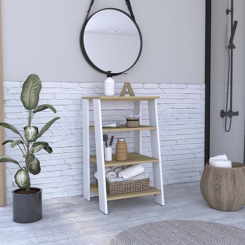FM FURNITURE Phoenix Linen Cabinet with 3 Open Shelves, Light Oak/White