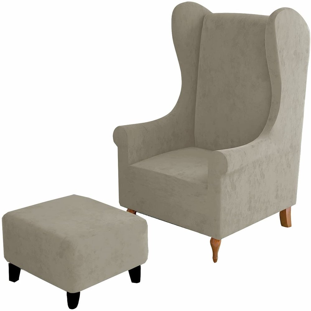 2 Pieces Wing Chair Slipcover & Ottoman Cover, Velvet Stretch Armchair Wingback Chair Cover Rectangle Footstool Slipcovers (Color : Khaki, Size : Wing Chair+Ottoman M)