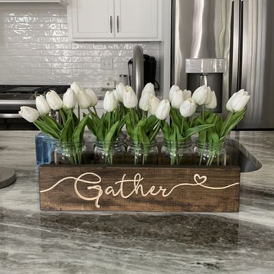Mason Jar Centerpiece Box Rustic Farmhouse Engraved Wood Planter Box (Walnut, love)