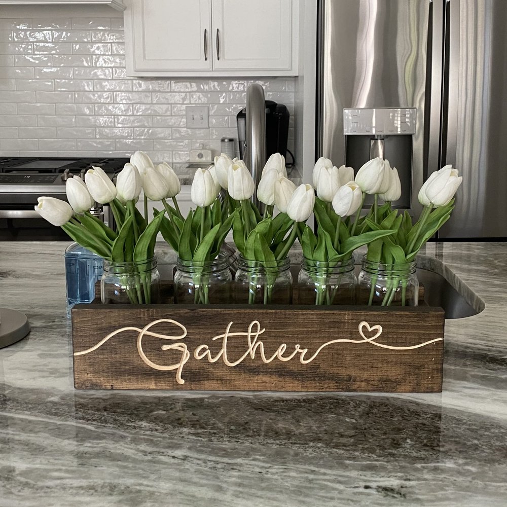 Mason Jar Centerpiece Box Rustic Farmhouse Engraved Wood Planter Box (Walnut, love)