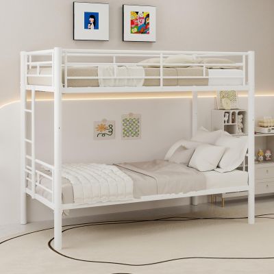 GNIXUU Metal Bunk Bed Twin Over Twin, Modern Bunk Beds with Ladder & Full-Length Guardrail, Heavy Duty Bunkbed Loft Bed for Teens, Adults, Space-Saving, Noise Free for Bedroom, White