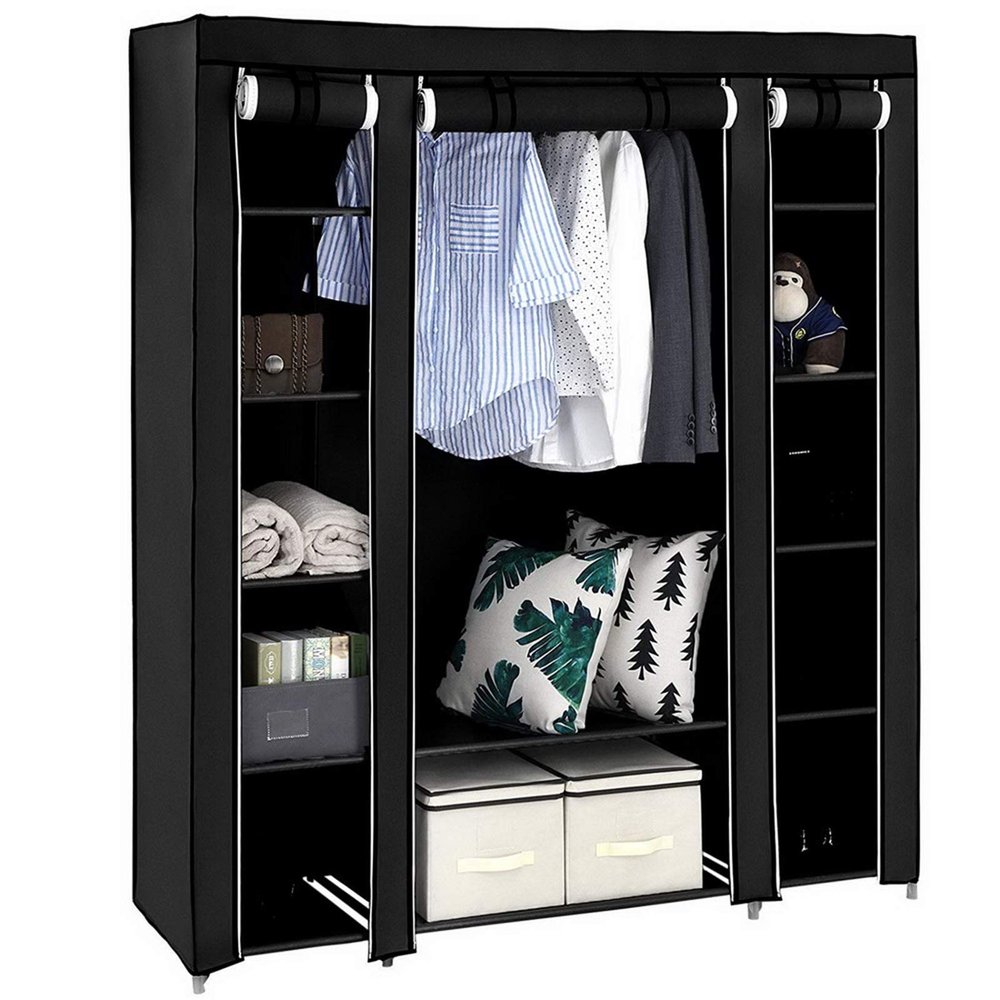 69" Portable Closet Wardrobe, Freestanding Closet Wardrobe with Non-Woven Fabric, Closet Storage Organizer with 12 Shelves and 1 Clothes Hanging Rails, Easy to Assemble (58" x 17" x 68.8", Black)