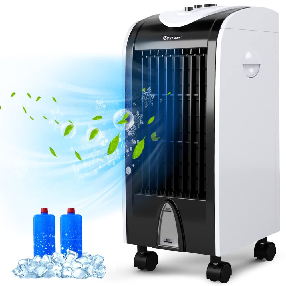 ARLIME Evaporative Air Cooler, Portable Cooling Fan with Humidifier, 28 Inches 7.5H Timer Knob Control 3 Wind Speed & 3 Mode with 4 Wheels and 2 Ice Boxes for Home Office Dorms