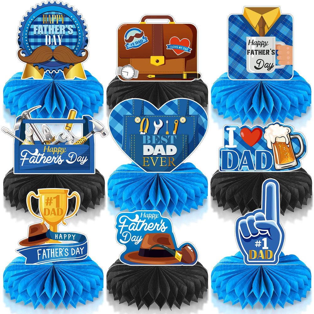 9 Pieces Father's Day Decorations Honeycomb Centerpiece Double Sided Printing Table Centerpieces Blue for Father's Family Birthday Party Decor, Happy Fathers Day Party Supplies, Photo Booth