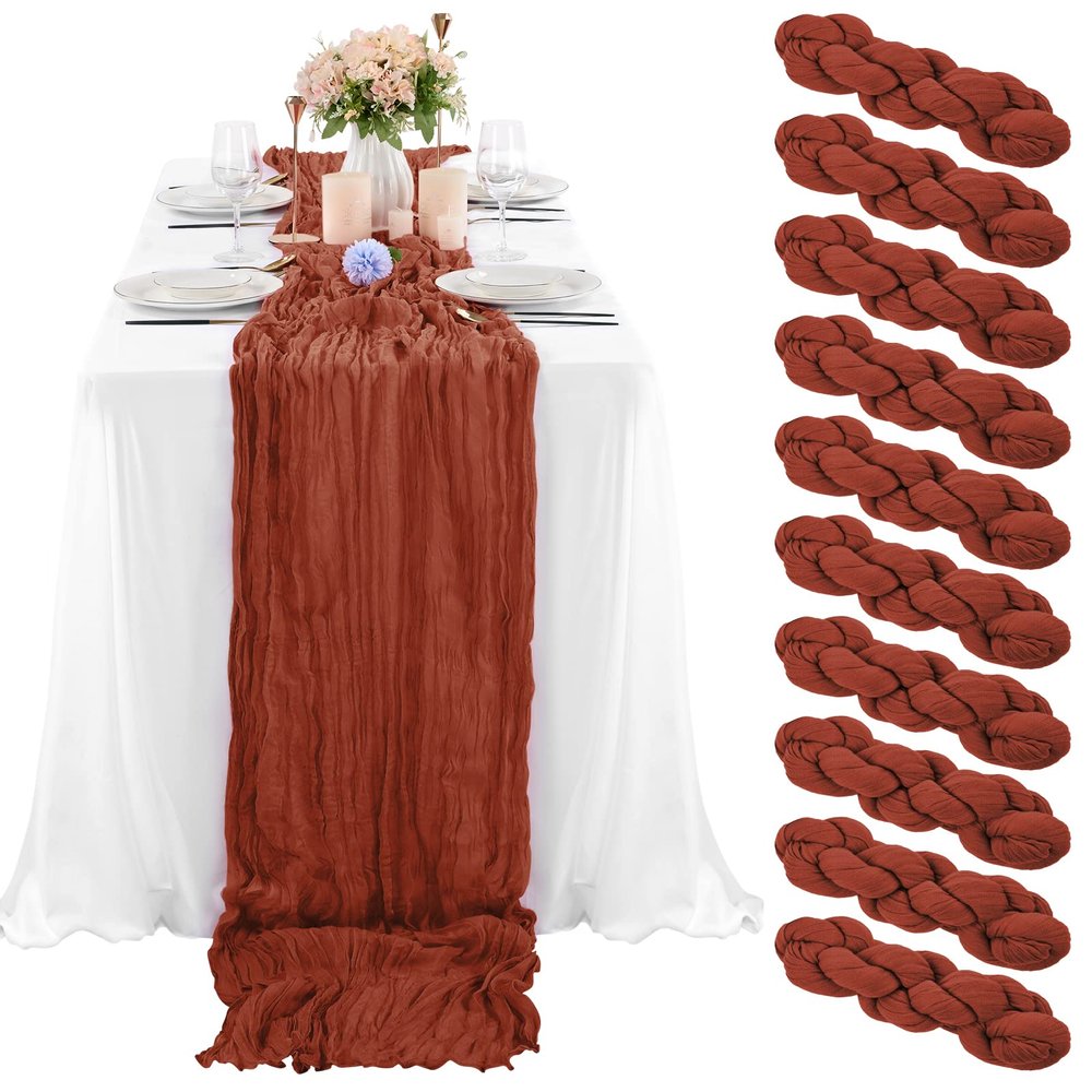 10 Pcs Terracotta Cheesecloth Table Runner 10FT, Gauze Table Runner for Wedding Reception Sheer Bridal Shower Birthday Party Boho Table Decoration, Rustic Romantic Wedding Runner