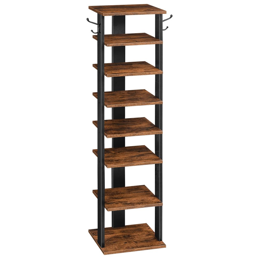HOOBRO 8 Tiers Vertical Shoe Rack, Wooden Shoe Storage Organizer with Hooks, Narrow Shoe Tower for 8 Pairs, Space Saving, for Entryway, Living Room, Bedroom, Rustic Brown BF07XJ01G1