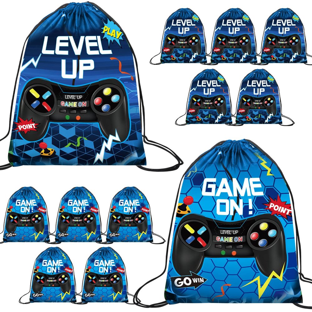 Eccliy 20 Pcs Video Game Party Favor Bags Gamer Birthday Party Drawstring Bags for Kids Boys Girls 12 x 10 Inch Gaming Goodie Treat for Game on Theme Decorations Supplies(Blue,Fresh Style)