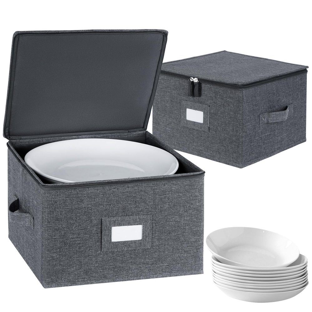 popoly China Storage Containers Hard Shell Inside 12" W x 8" H, Dinner Plate Storage Containers for Dishes, Dinnerware with 24 Felt Dividers, Hold 24 Plates, Storage Stackable (2 Pack Grey)