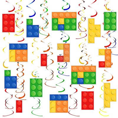 30 Pcs Building Blocks Party Favors Hanging Swirl Decoration Set with Single Double Hanging Swirl for Building Block Theme Birthday Ceiling Decor