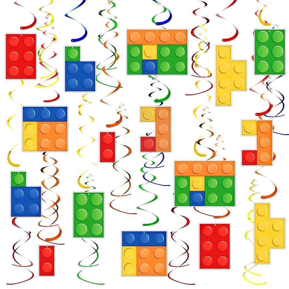 30 Pcs Building Blocks Party Favors Hanging Swirl Decoration Set with Single Double Hanging Swirl for Building Block Theme Birthday Ceiling Decor