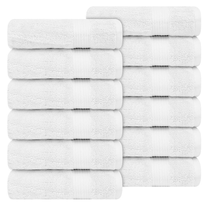 Ample Decor Hand Towel 18 X 28 Inch Pack of 12 600 GSM 100% Cotton Soft Absorbent Thick Durable Premium Quality, for Hotel, Bathroom, Spa, Daily Use, Gym - White
