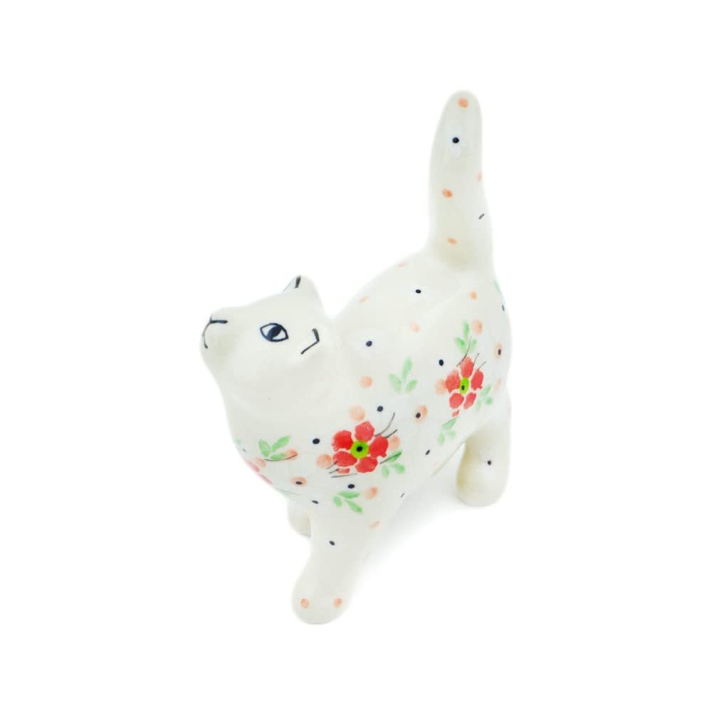 Polmedia Polish Pottery Cat Figurine - Pop of Poppy Pattern Handmade in Boleslawiec Poland by Ceramika Artystyczna + Certificate of Authenticity