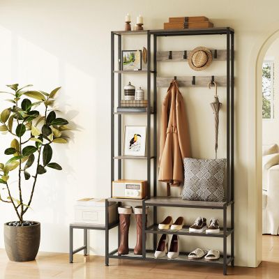 Espelism Hall Tree with Shoe Storage Bench Coat Rack with 7 Hooks Interchangeable 4 Tier Side Storage Shelves Small Cute Side Bench Industrial 5-in-1 Entryway Coat Rack for Hallway Mudroom Bedroom