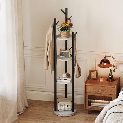 Espelism Rotary Coat Rack Freestanding Metal Coat Hall Tree Stand with 4 Tiers Storage Display Shelf and 9 Hooks for Entryway Bedroom Corner Office Garment Clothes Holder (Grey)