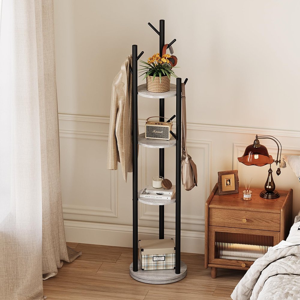 Espelism Rotary Coat Rack Freestanding Metal Coat Hall Tree Stand with 4 Tiers Storage Display Shelf and 9 Hooks for Entryway Bedroom Corner Office Garment Clothes Holder (Grey)
