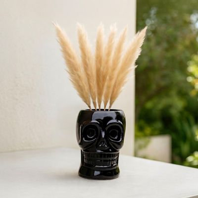 Decorative Skull Ceramic Vase for Living Room Decor - Contemporary Flower Vase for Home, Bedroom, and Office Decor - Ideal House Accents for Entryway Table and Shelf Display - 8", Black
