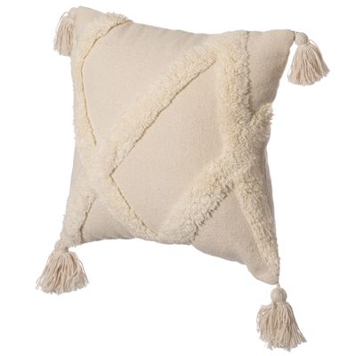 16" Handwoven Cotton Throw Pillow Cover with White Tufted Large Lattice Pattern and Tassel Corners with Filler, White