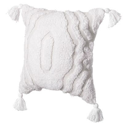 16" Handwoven Cotton Throw Pillow Cover with White Ikat Pattern and Tassel Corners, White