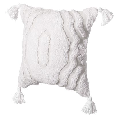 16" Handwoven Cotton Throw Pillow Cover with White Ikat Pattern and Tassel Corners with Filler, White