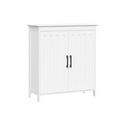 RiverRidge Monroe Two-Door Floor Storage Cabinet - Bathroom Storage Cabinet with Adjustable Shelves - Soft-Close Doors White Finish with Matte Black Handles