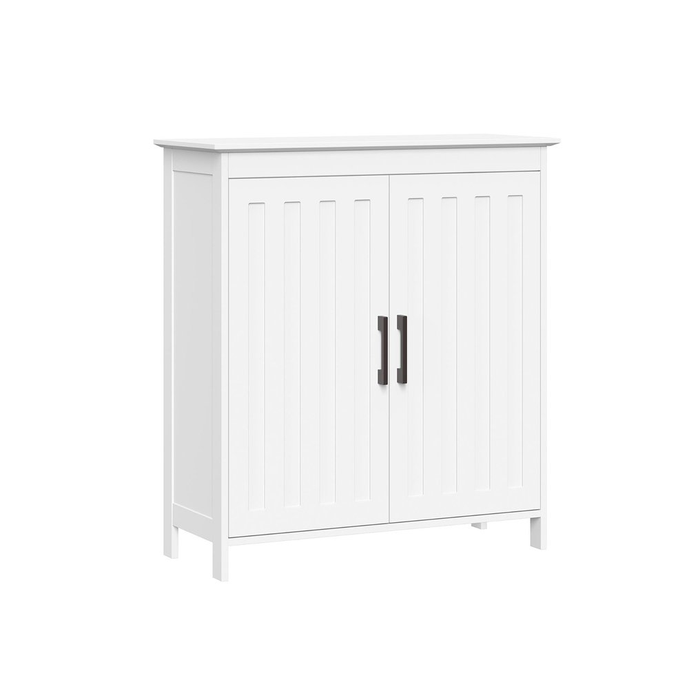 RiverRidge Monroe Two-Door Floor Storage Cabinet - Bathroom Storage Cabinet with Adjustable Shelves - Soft-Close Doors White Finish with Matte Black Handles