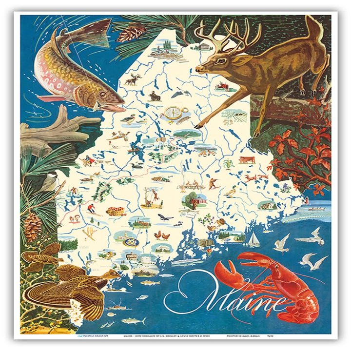 State of Maine Wildlife Map - New England - Vintage Pictorial Map by J.G. Shelley & Louis Koster c.1950s - Master Art Print (Unframed) 10in x 14in