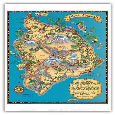 Hawaiian Island of Hawaii (Big Island) Map - Hawaii Tourist Bureau - Vintage Map by Ruth Taylor White c.1941 - Master Art Print (Unframed) 10in x 14in
