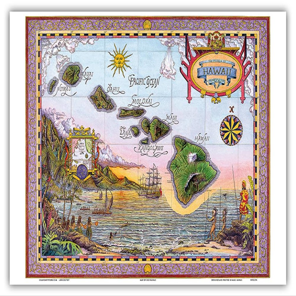 Map of Old Hawaii - The Islands of Hawaii - Vintage Map by Steve Strickland - Master Art Print (Unframed) 10in x 14in