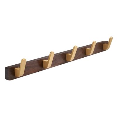 SARIHOSY Wall Mounted Coat Rack, Entryway Hanging Coat Rack, Metal Wood Coat Rail with 5 Rustic Hooks Rail for Coat, Scarf, Bag, Towel, Key, Cap, Hat, Walnut Gold Matt