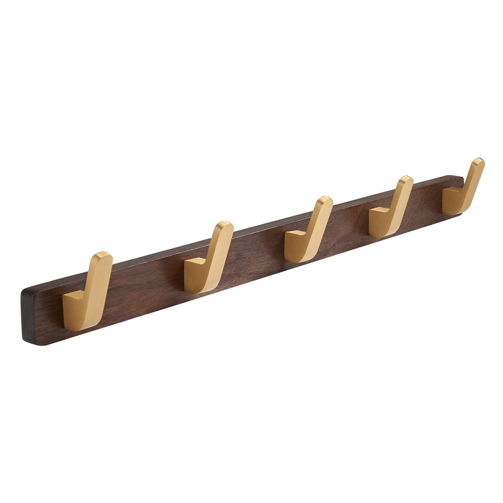 SARIHOSY Wall Mounted Coat Rack, Entryway Hanging Coat Rack, Metal Wood Coat Rail with 5 Rustic Hooks Rail for Coat, Scarf, Bag, Towel, Key, Cap, Hat, Walnut Gold Matt