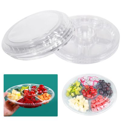 10 Pcs Round Plastic Appetizer Tray with Lid Divided Serving Tray Disposable Food Storage Trays Containers Plastic Tray Storage Snack Fruit Vegetable Trays for Party (Clear, 13.7 x 13.7 x 2 Inch)