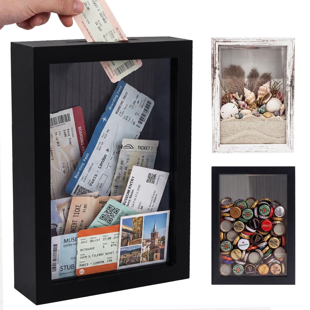 GraduationMall 5x7 Top Loading Shadow Box Frame with HD Glass,Wood Display Case with Slot,1.25 inches Interior Depth,Ideal for Wine Bottle Caps,Tickets,Shells,Stamps and More,Black