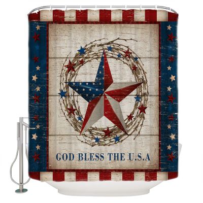 4th of July Shower Curtain Rustic Star American Flag Stripes Patriotic Shower Curtains for Bathroom Decor Independence Day Wood Grain Bath Curtains Sets with Hooks Waterproof Extra Long 72" x 84"