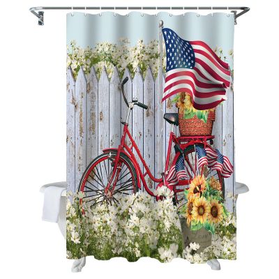 4th of July Shower Curtain Retro American Flag Sunflower Bike Patriotic Shower Curtains for Bathroom Decor Independence Day Daisy Bath Curtains Sets with Hooks Waterproof Stall Long Size 48"x72"