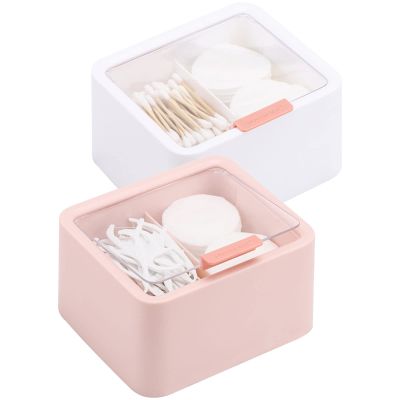Tecbeauty 2pcs Qtips Holder - Middle Divider Cotton Pads Storage Dispenser Bathroom Organizer with Clear Hinged Lids for Cotton Balls Swabs Rounds-White & Pink