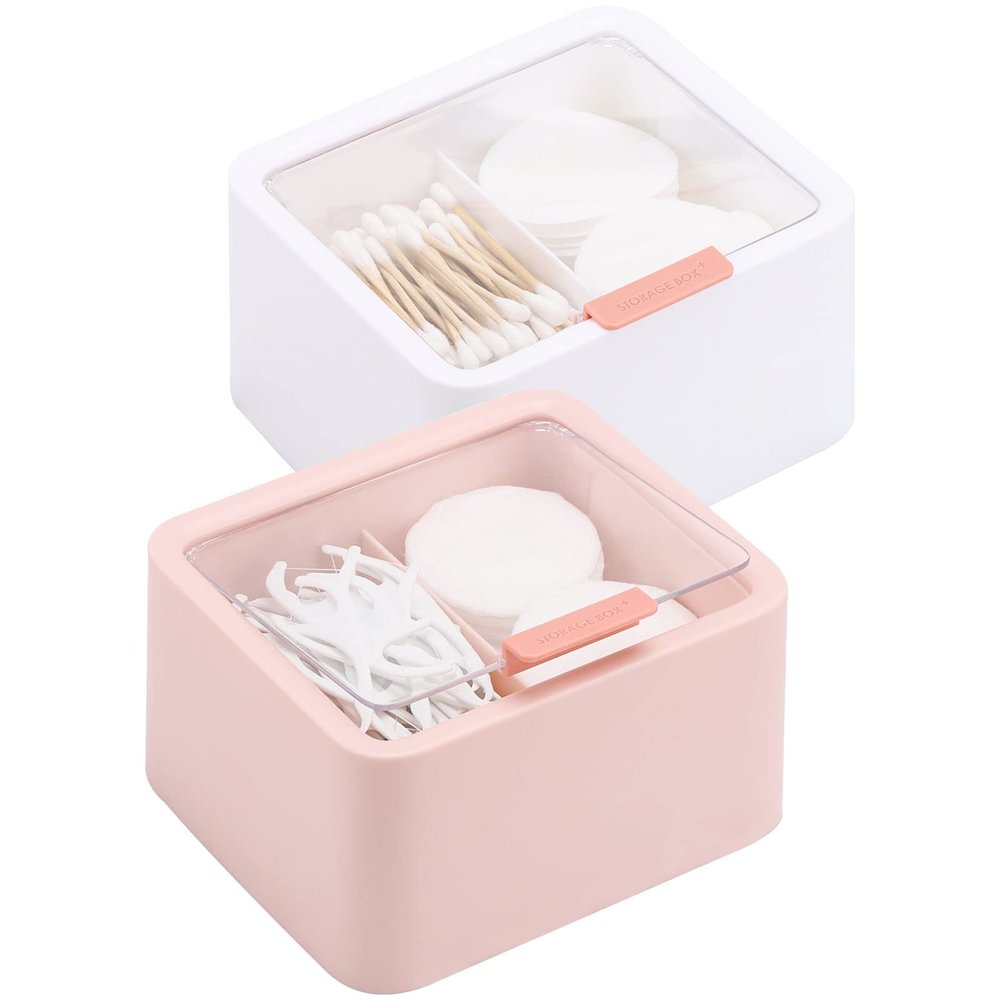 Tecbeauty 2pcs Qtips Holder - Middle Divider Cotton Pads Storage Dispenser Bathroom Organizer with Clear Hinged Lids for Cotton Balls Swabs Rounds-White & Pink