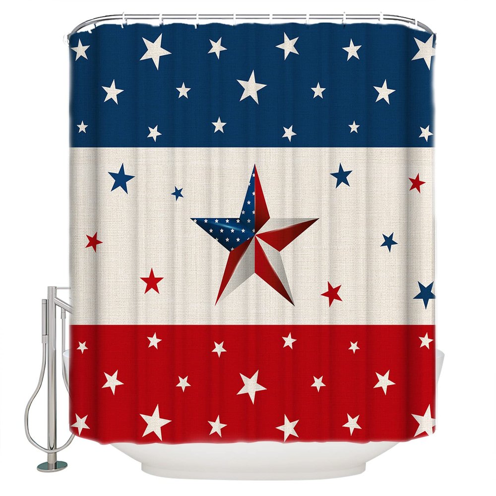 4th of July Shower Curtain American Flag Red Blue Stripes Patriotic Shower Curtains for Bathroom Decor Independence Day Patriotic Stars Bath Curtains Sets with Hooks Waterproof Extra Long 72" x 84"