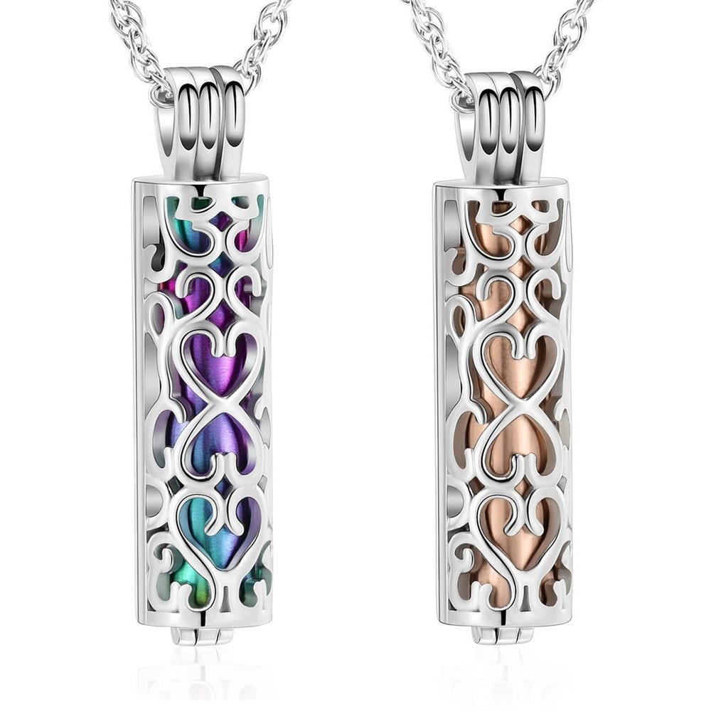 shajwo Cremation Jewelry Heart Vial Cylinder Urn Necklace for Ashes for Women Men Memorial Keepsake Locket Hollow Ashes Pendant,2PCS Rainbow/Rose Gold
