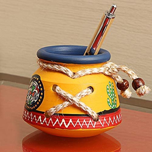 Frienemy Presents Terracotta Warli Hanpainted Table Top Organiser Knitted Pen Stand (8.6 Cm X 8.6 Cm X 8.1 Cm, Yellow) #Frienemy-001